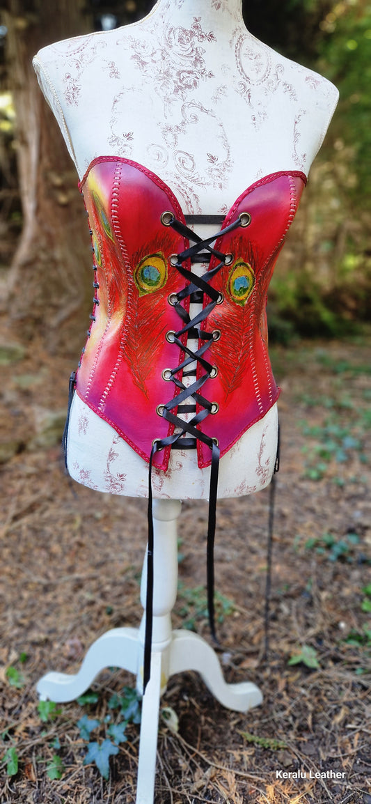 Corset, hand painted peacock feather motifs,